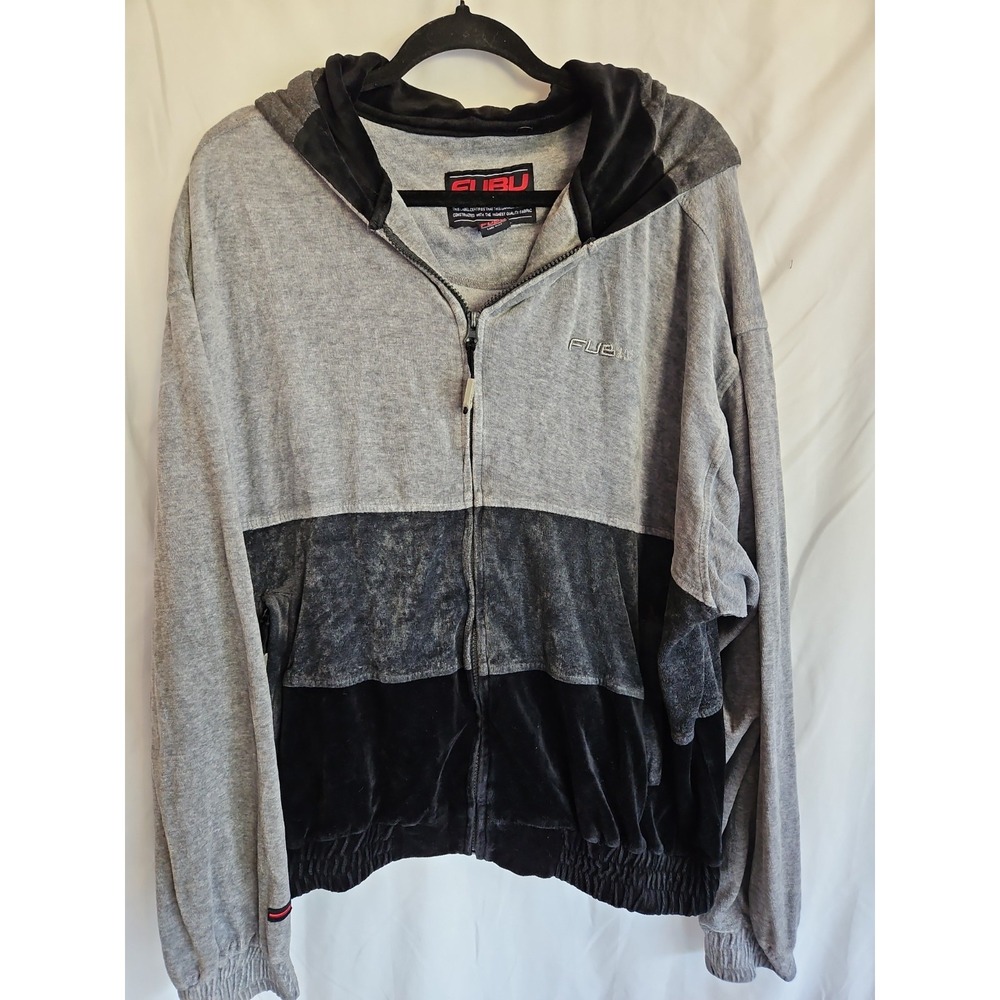 FUBU Velour Hoodie Men XL Gray Black Colorblock Full Zip Y2K Hip Hop Streetwear